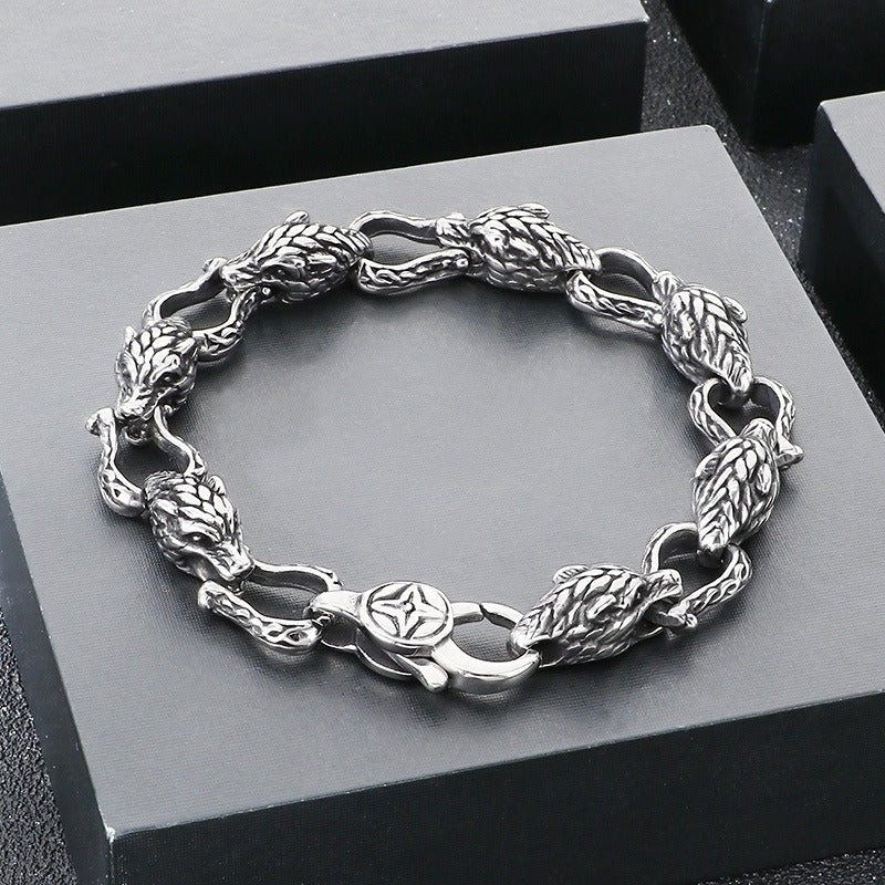 Kemstone Viking Tail-Biting Wolf Head Bracelet – Stainless Steel Vintage Design, Gold/Silver KB204389-KJX