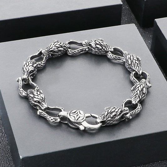 Kemstone Viking Tail-Biting Wolf Head Bracelet – Stainless Steel Vintage Design, Gold/Silver KB204389-KJX