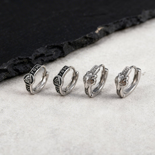 Kemstone Stainless Steel Viking Wolf Head Hoop Earrings for Men – Punk Style EH-729