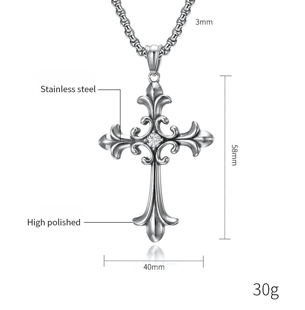 Kemstone Gothic Cross Pendant Necklace for Men Stainless Steel Cubic Zirconia Center K-PT375