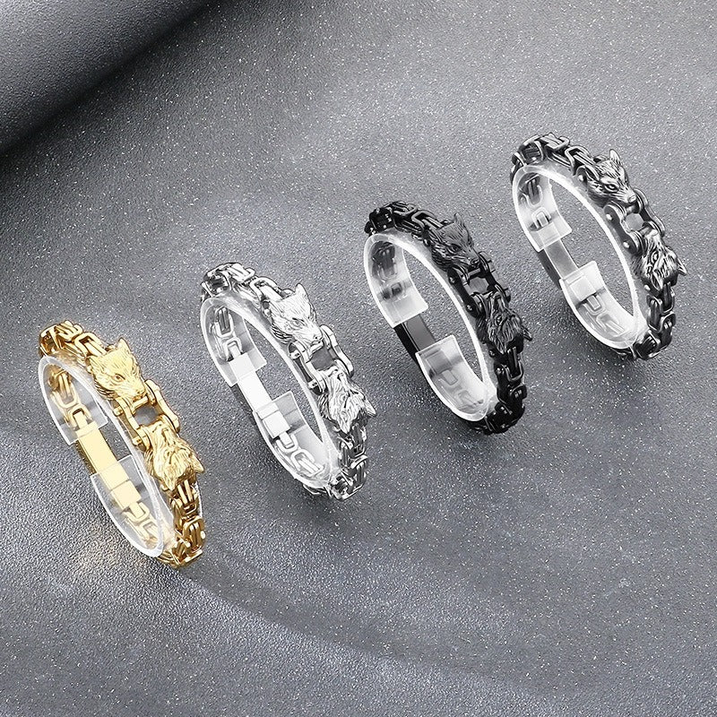 Kemstone Men’s Titanium Steel Wolf Head Biker Chain Bracelet KB208300-KFC