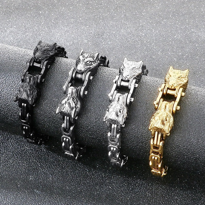 Kemstone Men’s Titanium Steel Wolf Head Biker Chain Bracelet KB208300-KFC