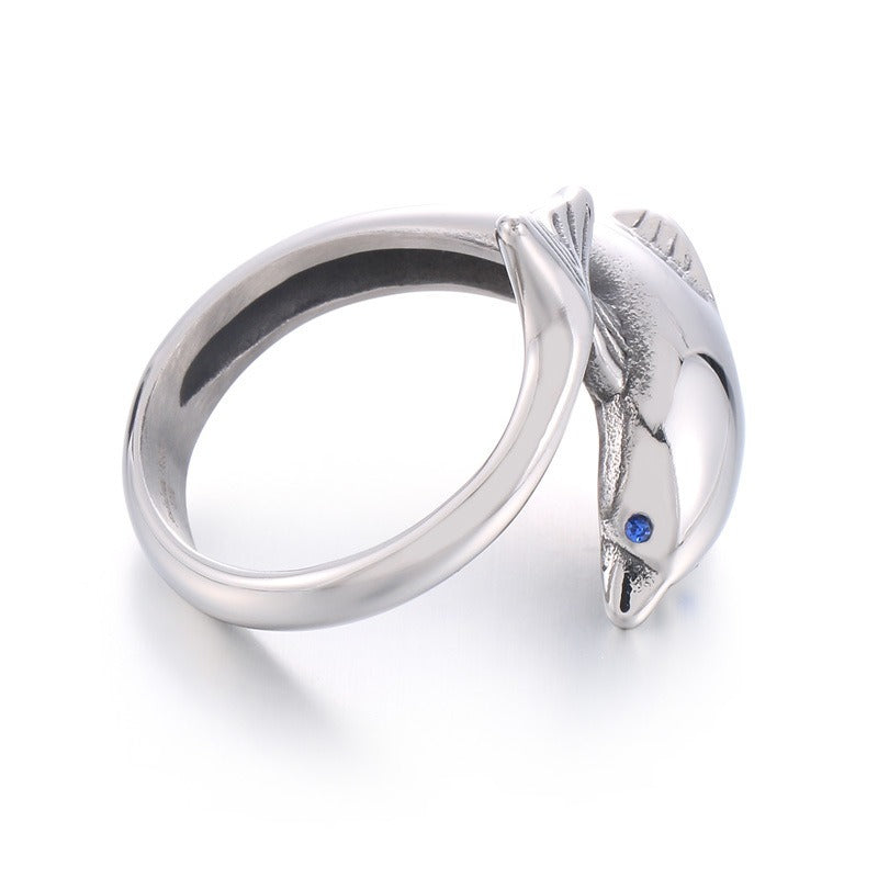 Kemstone Dolphin Ring for Men Titanium Steel Blue Eye Ocean Design KR104181-BDJX