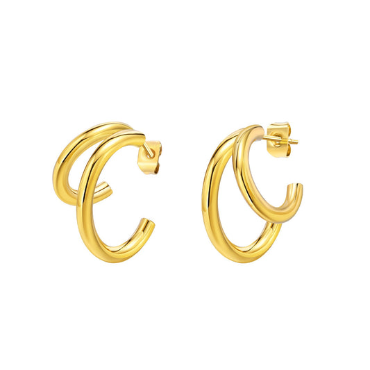 Pendientes de aro doble de acero inoxidable Kemstone | Accesorios minimalistas en forma de C para mujer EH-509