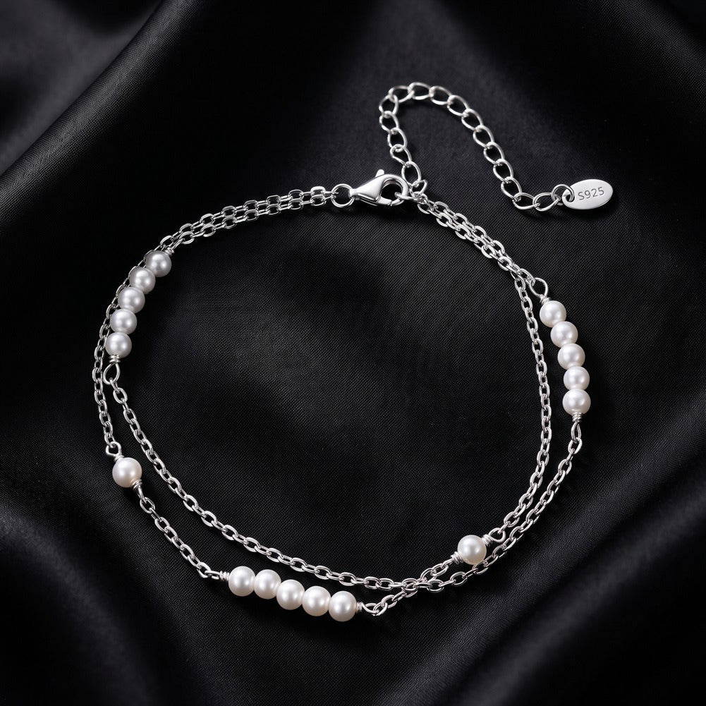 Kemstone Double Chain Shell Pearl Bracelet for Women 925 Sterling Silver PSB16