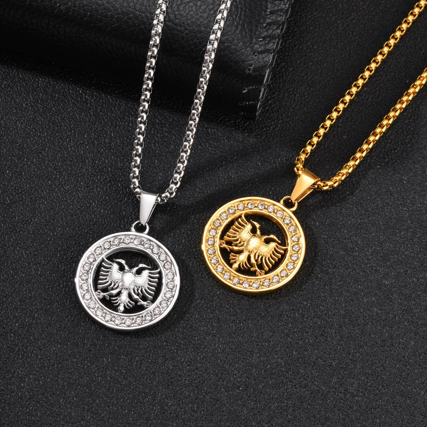 Kemstone Double Headed Eagle Pendant Necklace for Men Stainless Steel Round Medallion PN-2427