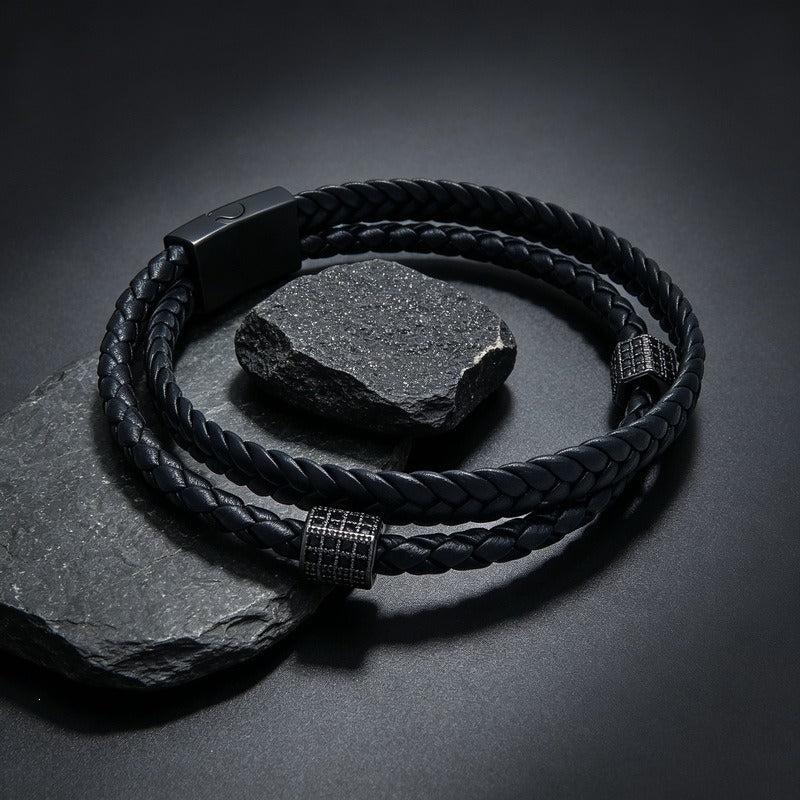 Kemstone Double Layer Braided Leather Bracelet for Men Copper Accent KB214771-SJ