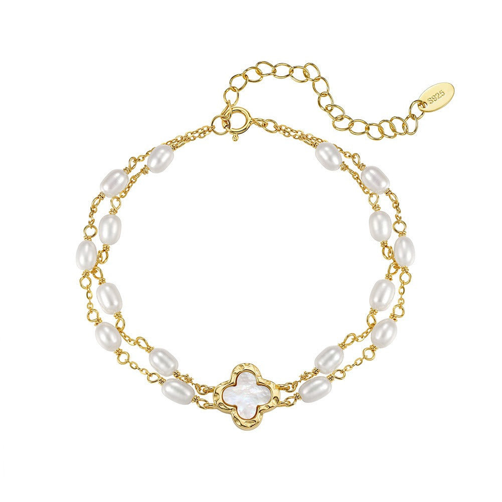 Kemston Double Layer Freshwater Pearl Bracelet for Women 925 Sterling Silver Gold Plated GPB54