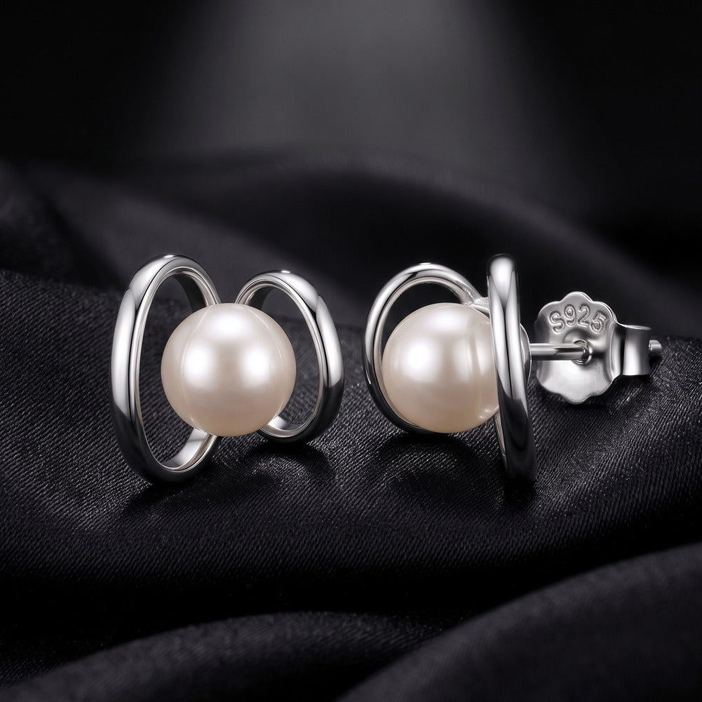 Kemstone Double Loop Shell Pearl Stud Earrings for Women 925 Sterling Silver PSE16