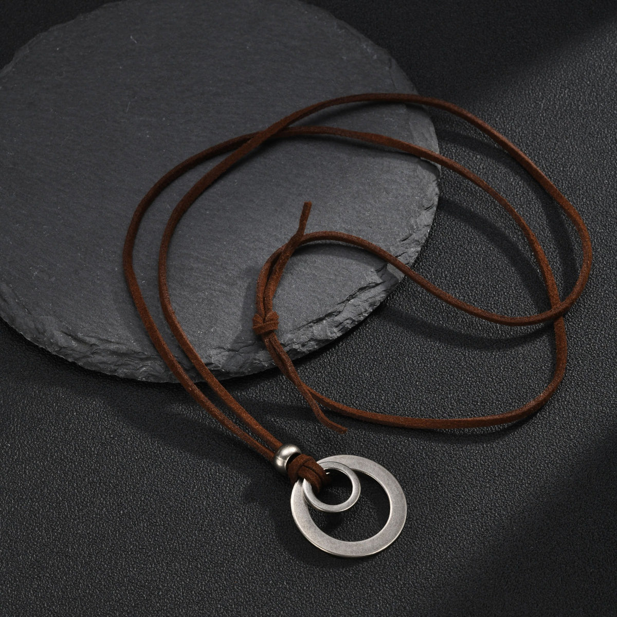 Kemstone Double Ring Pendant Necklace for Men Stainless Steel Brown Cord NC-3022