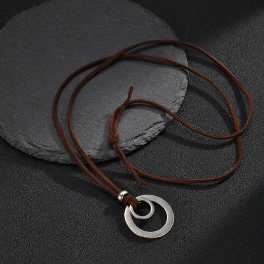 Kemstone Double Ring Pendant Necklace for Men Stainless Steel Brown Cord NC-3022