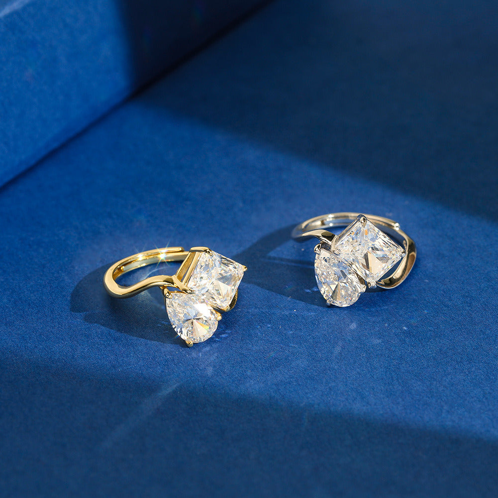 Double Stone Statement Ring – 925 Sterling Silver 8A Zircon Engagement & Promise Ring, 14K Gold or Platinum Plated Jewelry by Kemstone A4-LZR42