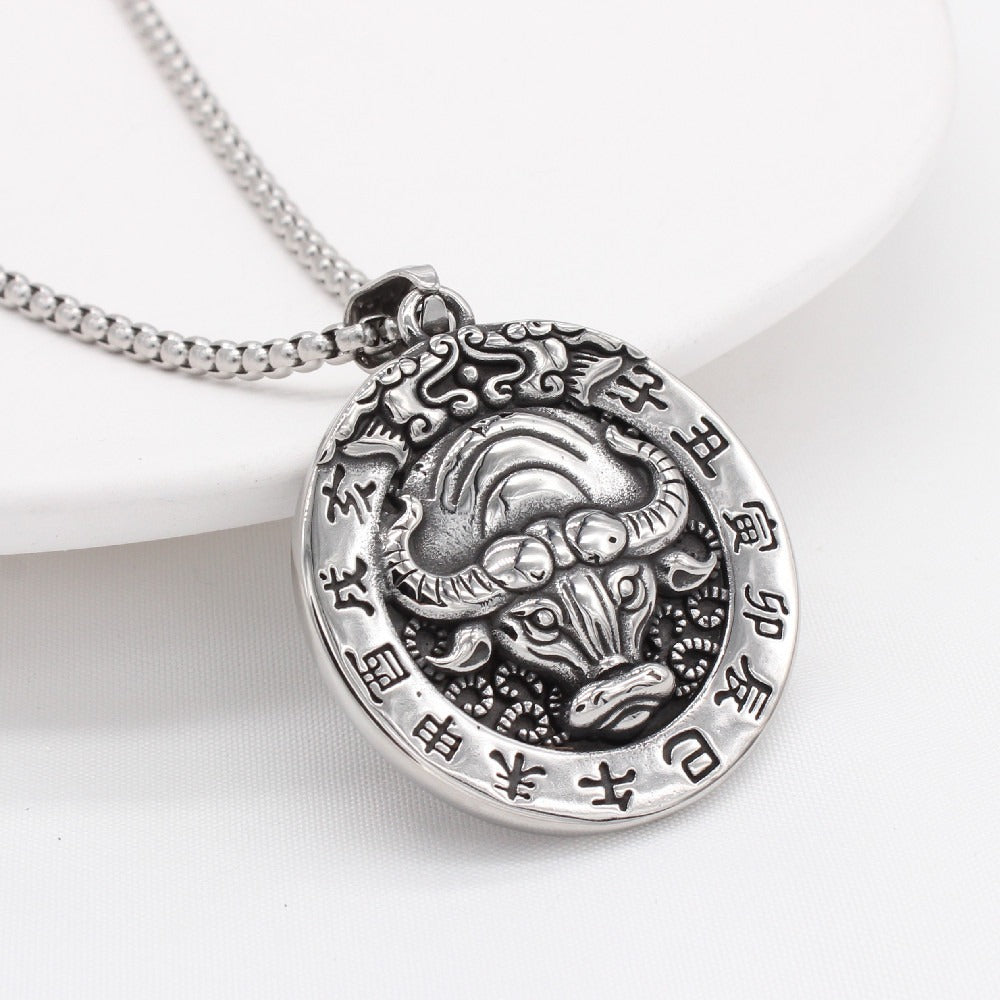 Kemston Zodiac Animal Medallion Necklace for Men Stainless Steel Vintage P0959