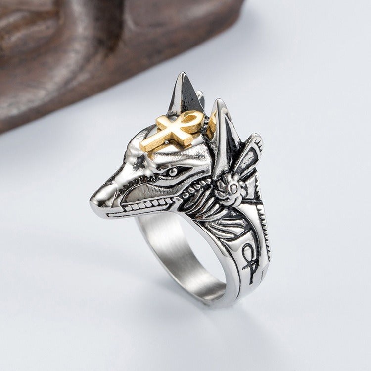 Kemstone Men’s Titanium Steel Anubis Egyptian God Ring – Silver K-R291
