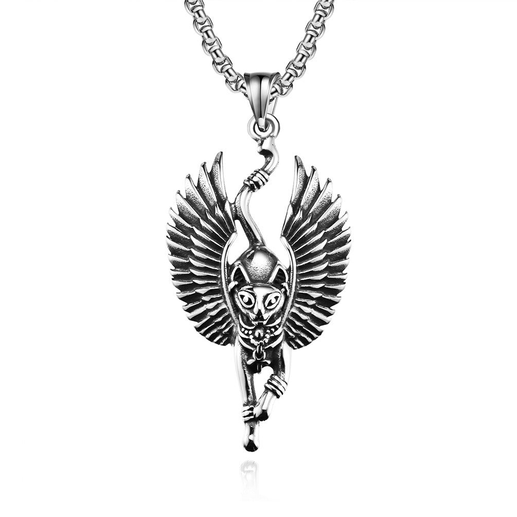 Kemstone Egyptian Cat Pendant Necklace for Men Stainless Steel Animal Sculpted Detail K-PT461