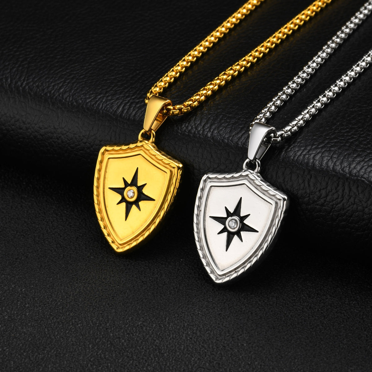 Kemston Eight Point Star Shield Pendant Necklace for Men Stainless Steel PN-2443