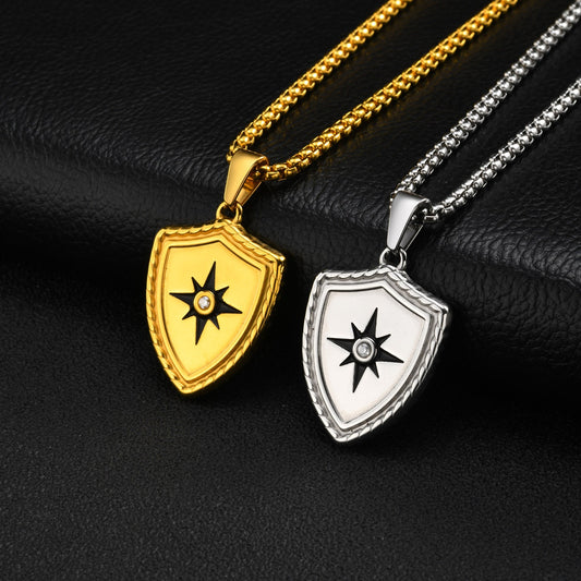 Kemston Eight Point Star Shield Pendant Necklace for Men Stainless Steel PN-2443