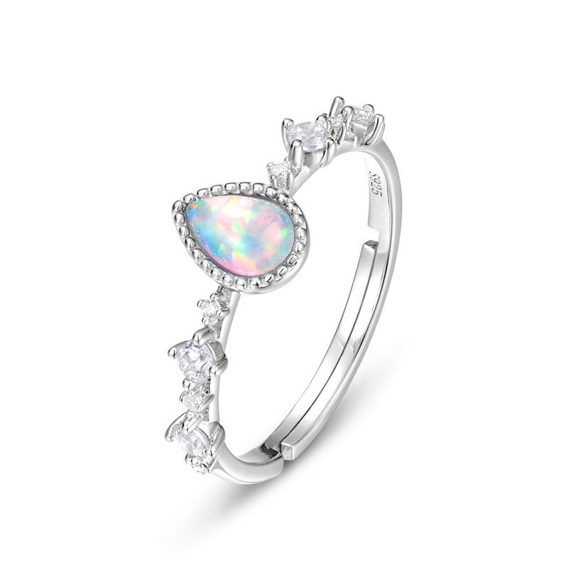 Anillo ajustable de ópalo de lujo, diseño original, hecho a mano por Kemstone - Plata S925 con baño de platino - Anillos abiertos con diseño
