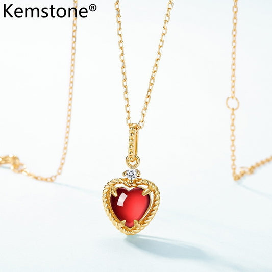 Collar de corazón de granate vintage de diseño original hecho a mano por Kemstone, plata de ley 925 con baño de oro de 10 quilates, colgante de diseño único para un estilo OL moderno, cadena de 45 cm