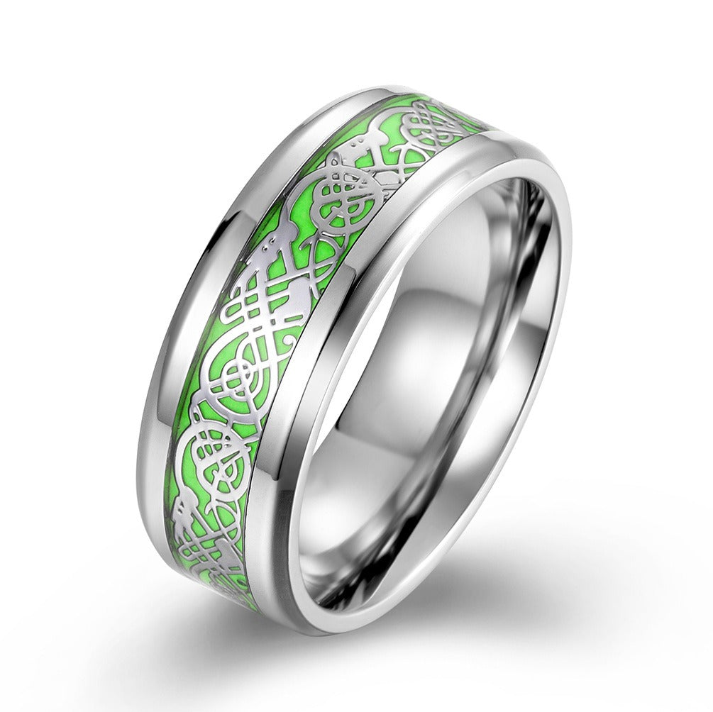 Kemstone Glow Green Ring for Men Stainless Steel Celtic Knot Vintage Style K-R388