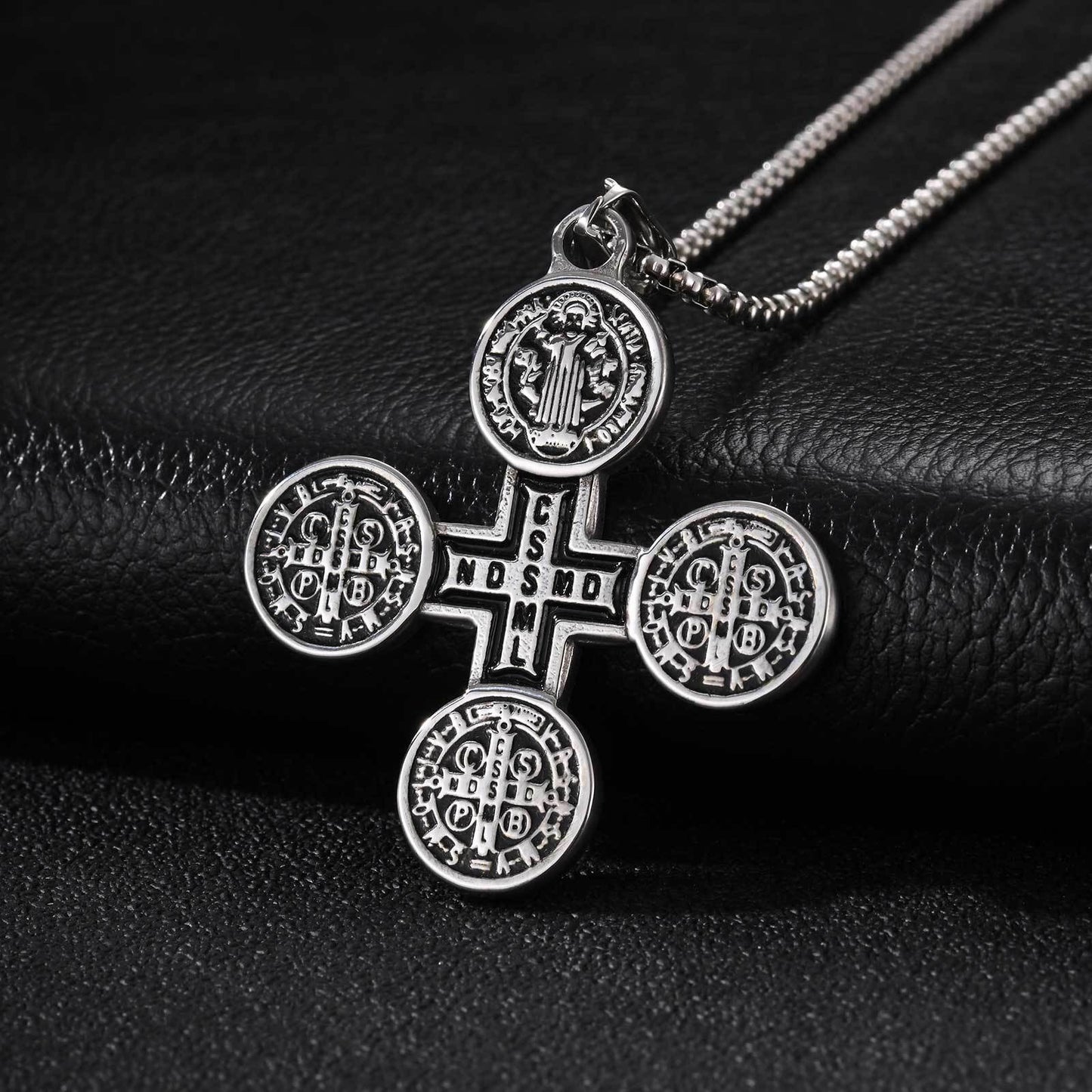 Kemston Engraved Cross Pendant Necklace for Men Stainless Steel Round Vintage PN-2409