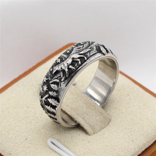 Kemstone Engraved Wolf Ring for Men Titanium Steel Mountain Forest R1679
