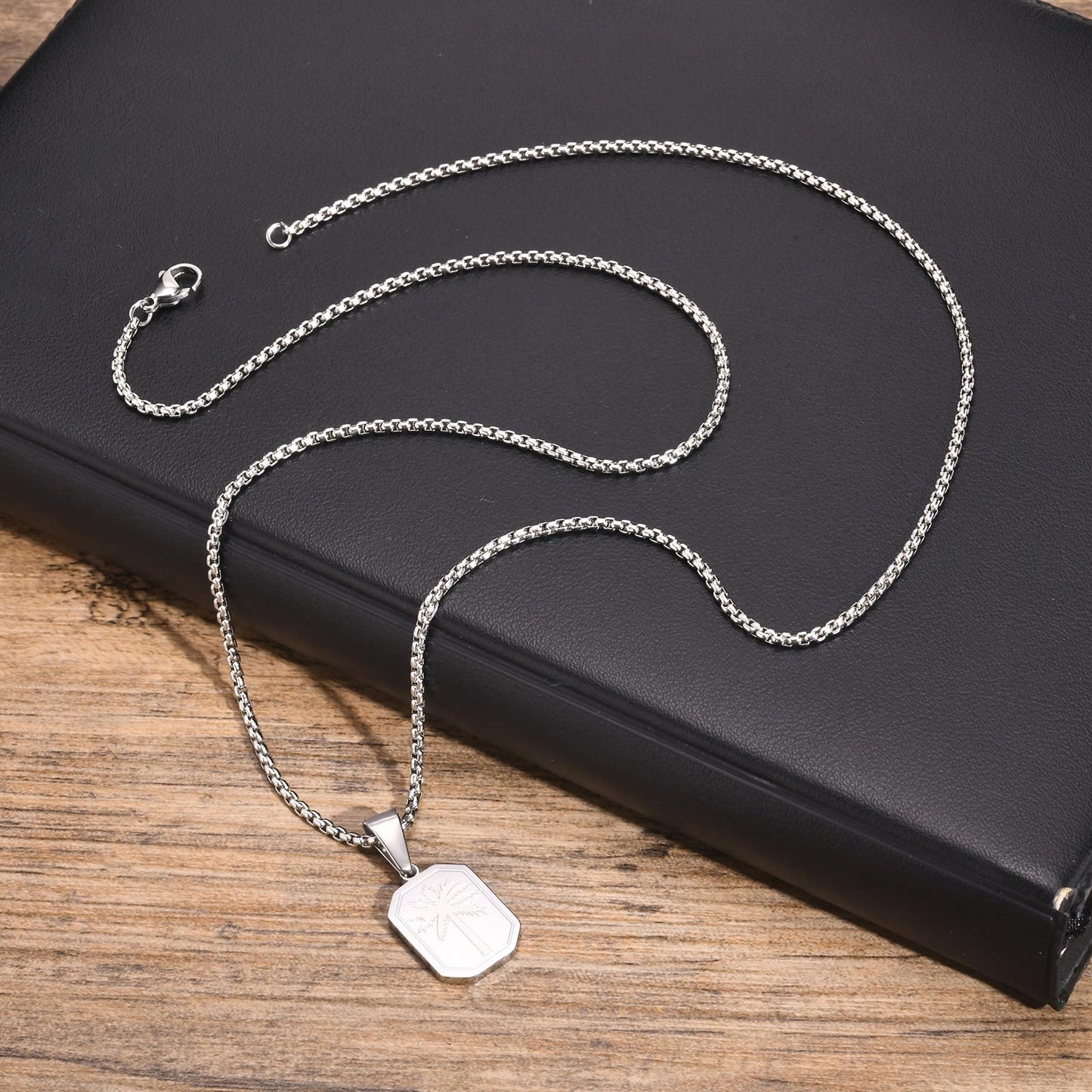 Kemstone Stainless Steel Palm Tree Pendant Necklace – Etched Rectangle Tag, Gold Silver PN-1990