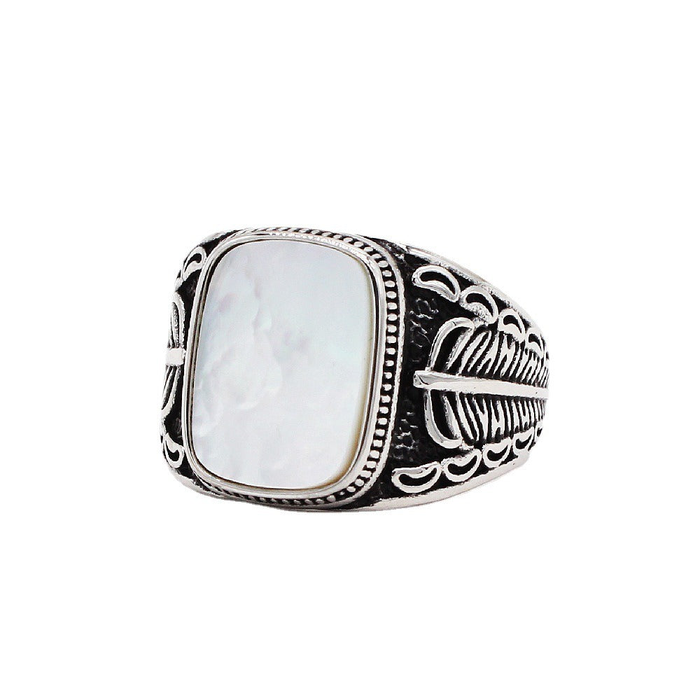 Kemstone Shell Signet Ring for Men Titanium Steel Feather Engraved R1207