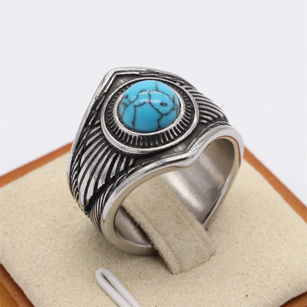 Kemston Turquoise Ring for Men Titanium Steel Feather Texture Vintage Stone R1530