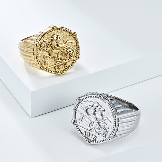 Kemstone Figure Relief Signet Ring for Men Stainless Steel Vintage Engraved K-R996