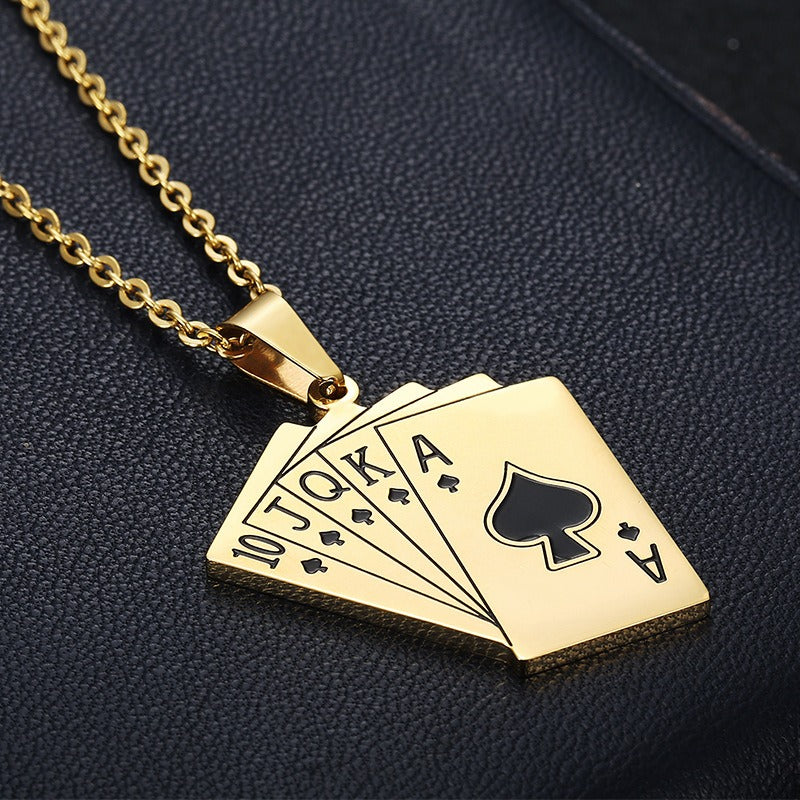 Kemstone Titanium Steel Playing Card Pendant Necklace for Men Five-Card Spade TN0387