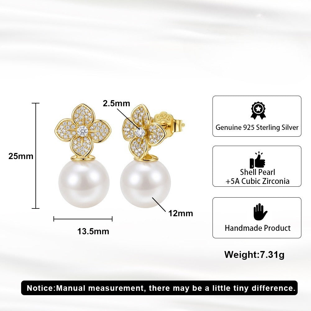 Kemston 925 Sterling Silver Four Petal Pearl Drop Earrings for Women PSE21