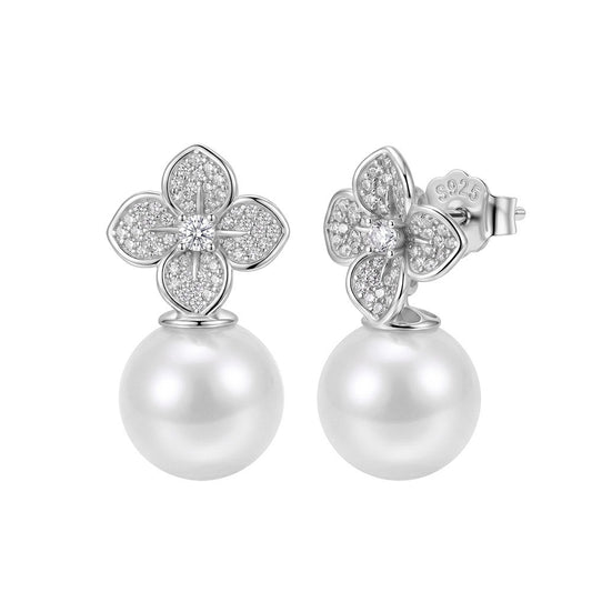 Kemston 925 Sterling Silver Four Petal Pearl Drop Earrings for Women PSE21