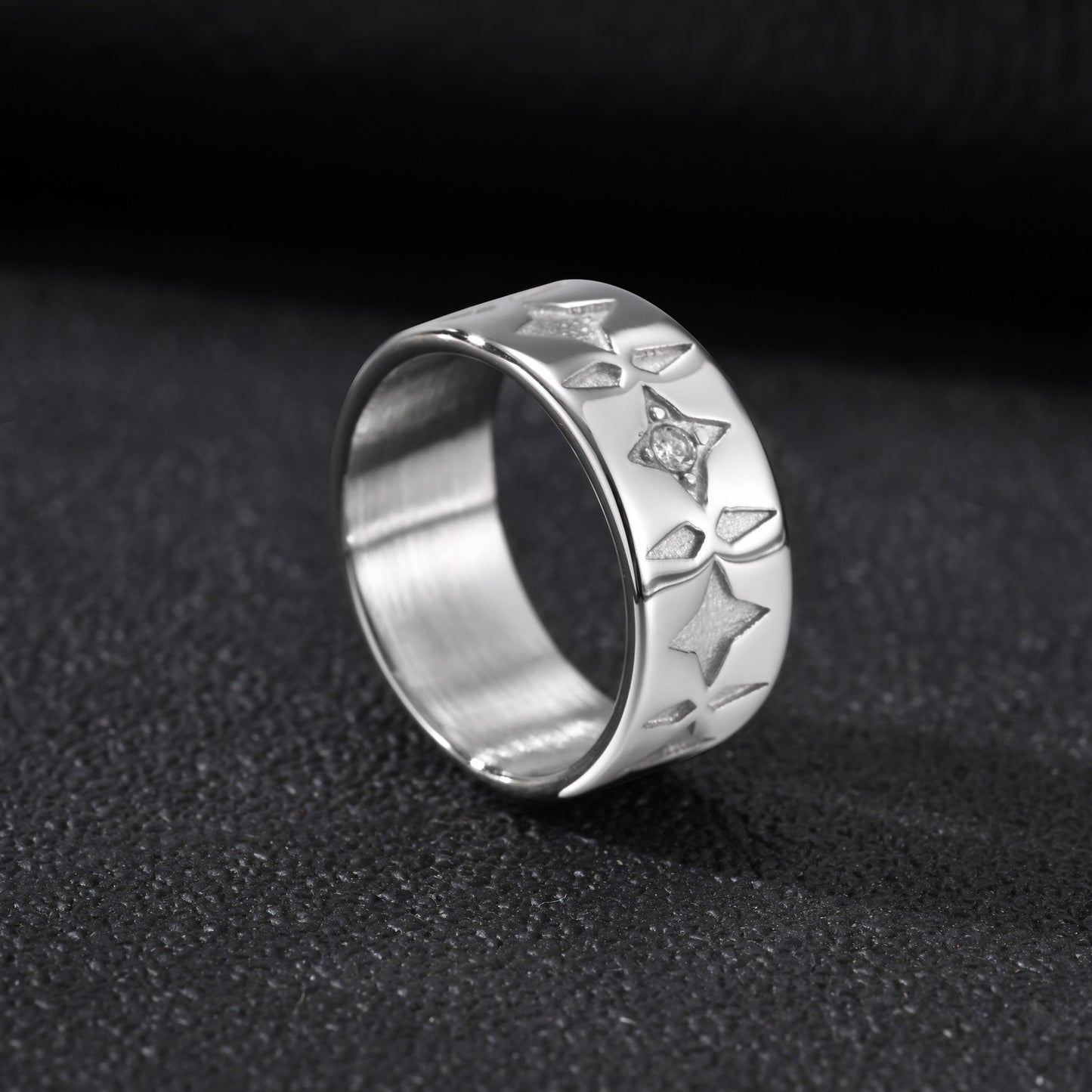 Kemstone Four Point Star Ring for Men Stainless Steel White Cubic Zirconia Wide Band RC-1117