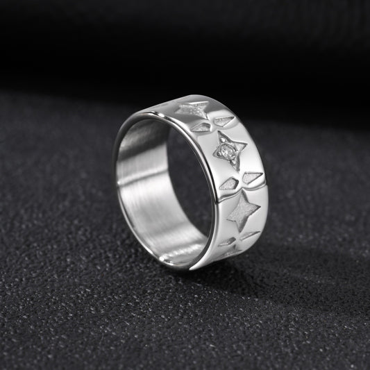 Kemstone Four Point Star Ring for Men Stainless Steel White Cubic Zirconia Wide Band RC-1117