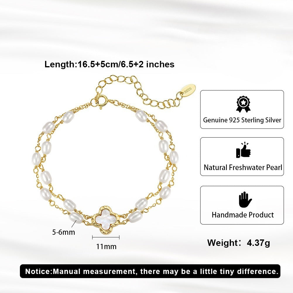 Kemston Double Layer Freshwater Pearl Bracelet for Women 925 Sterling Silver Gold Plated GPB54