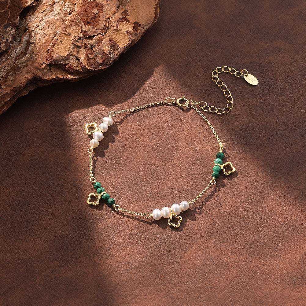Kemston Freshwater Pearl Malachite Bracelet for Women 925 Sterling Silver Gold Plated MPB24
