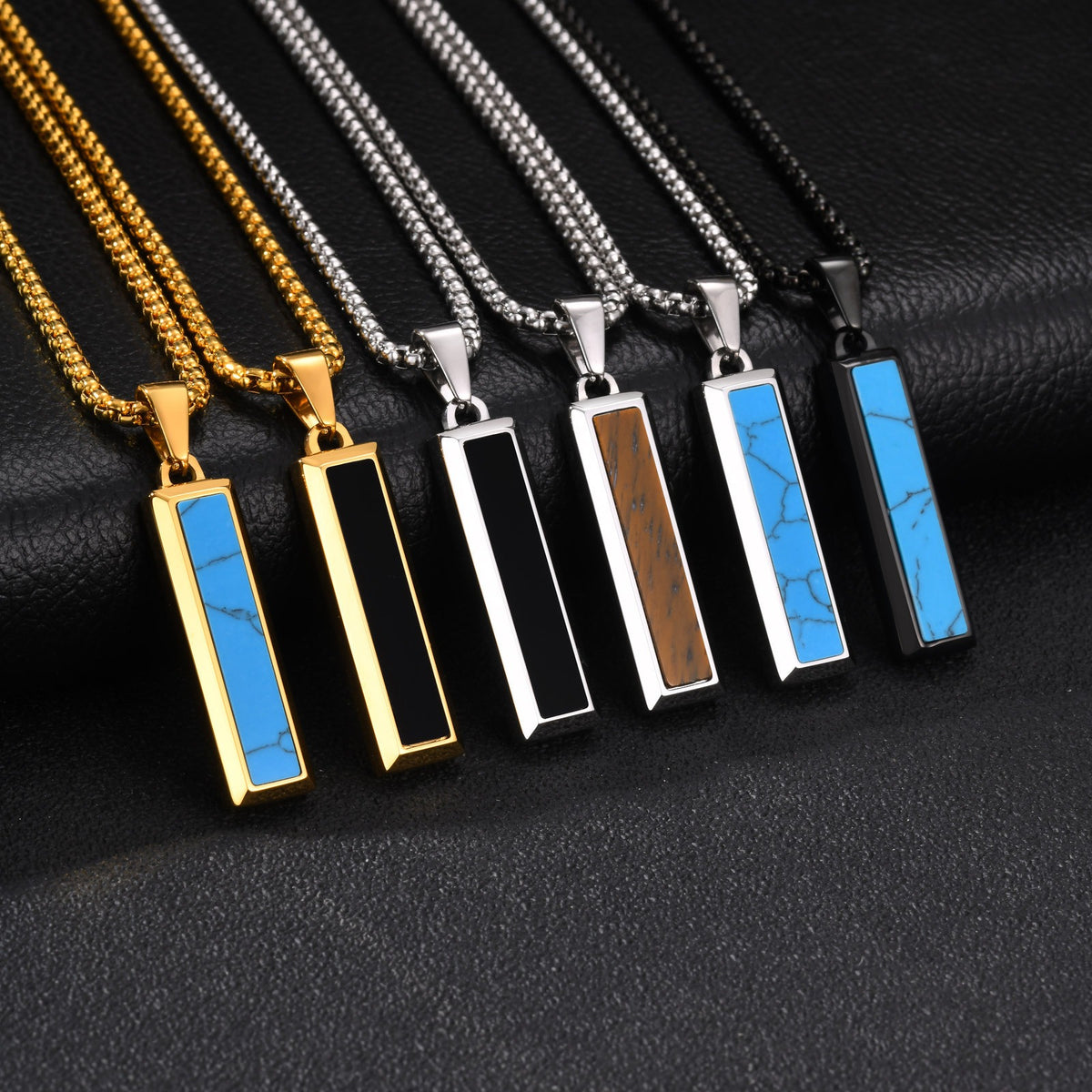 Kemstone Geometric Bar Pendant Necklace for Men Stainless Steel Tiger Eye & Turquoise Styles PN-2221