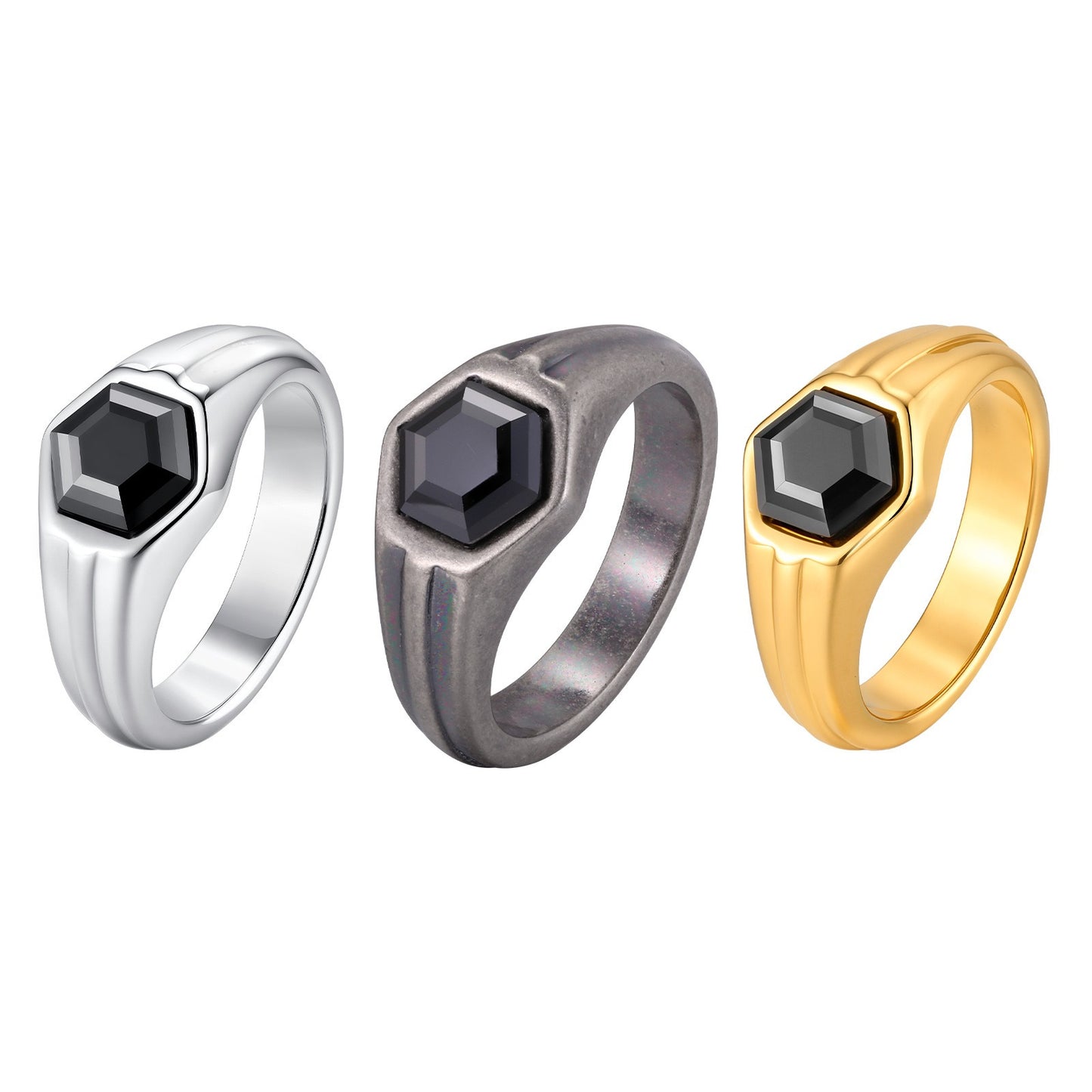 Kemstone Stainless Steel Hexagon Black Zircon Ring for Men RC-985