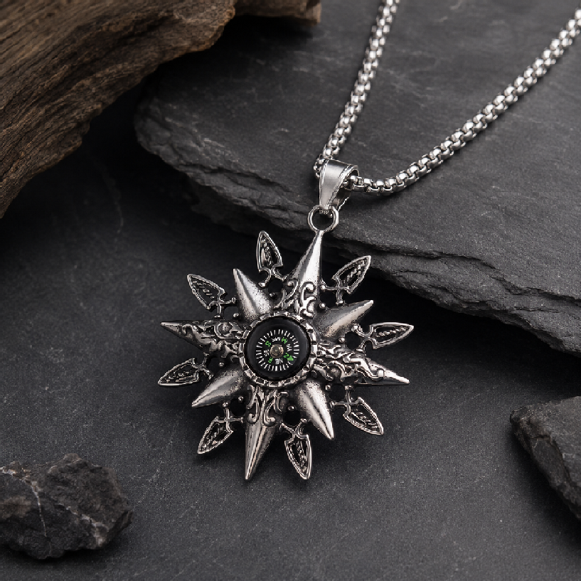 Kemstone Titanium Steel Compass Pendant Necklace for Men Geometric Star Detail P0100-NK02