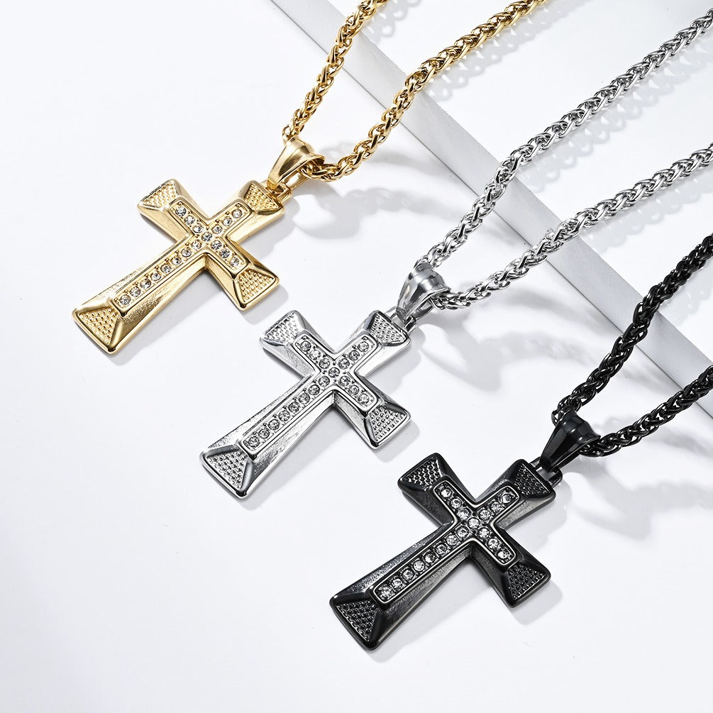 Kemstone Geometric Cross Pendant Necklace for Men Stainless Steel Stone Detail K-PT506