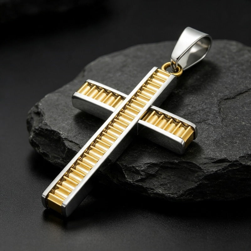 Kemstone Layered Cross Pendant Necklace for Men Stainless Steel Ribbed Design KP119486-HR