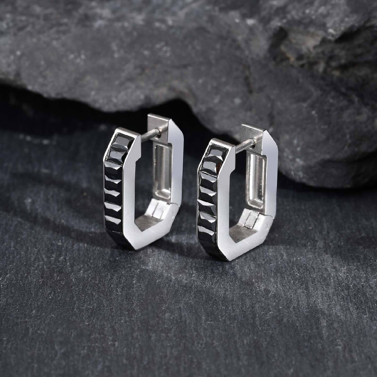 Kemstone Octagon Hoop Earrings for Men Stainless Steel Black Silver EH-802