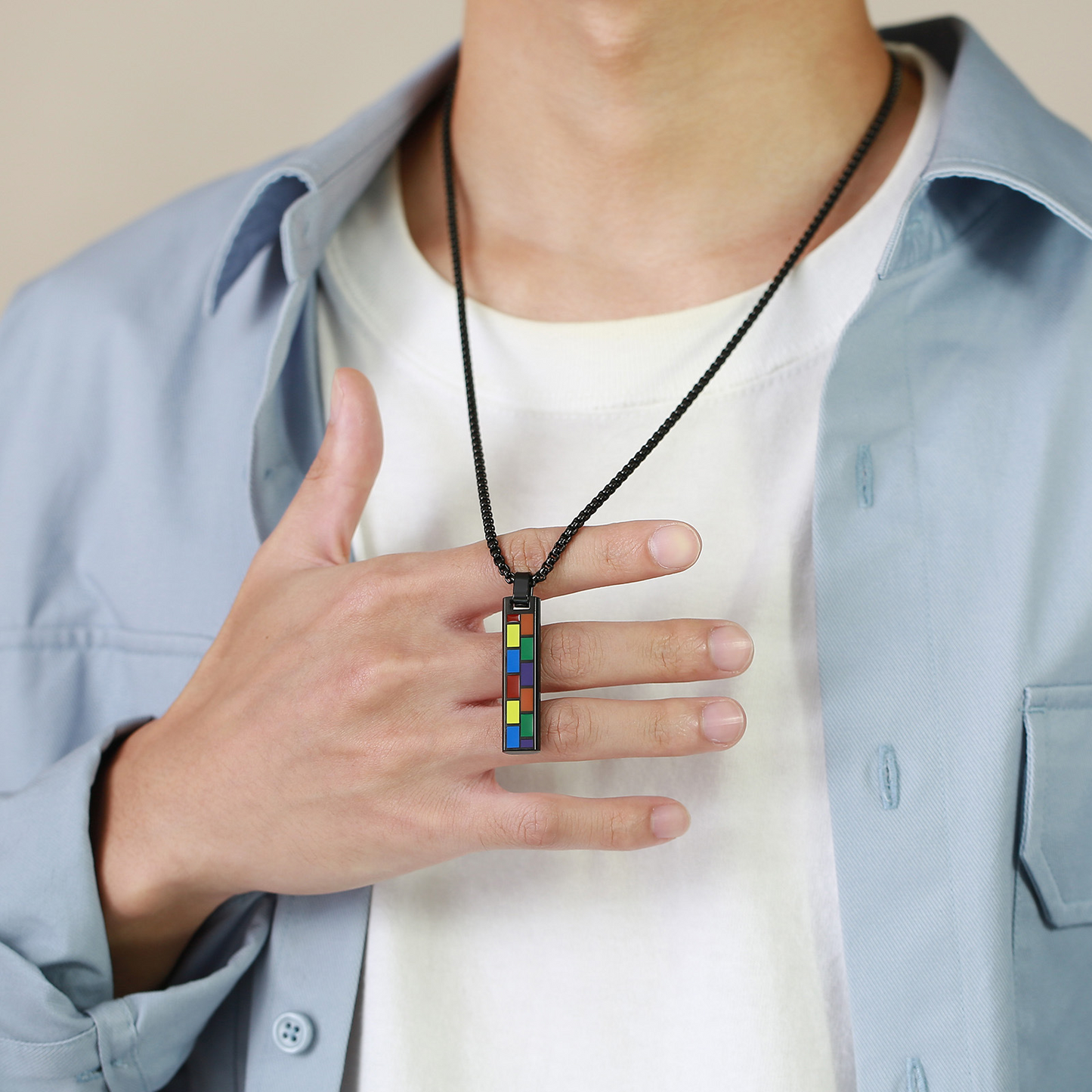 Kemstone Color Block Bar Pendant Necklace Stainless Steel Rectangle Design for Men PPN-004