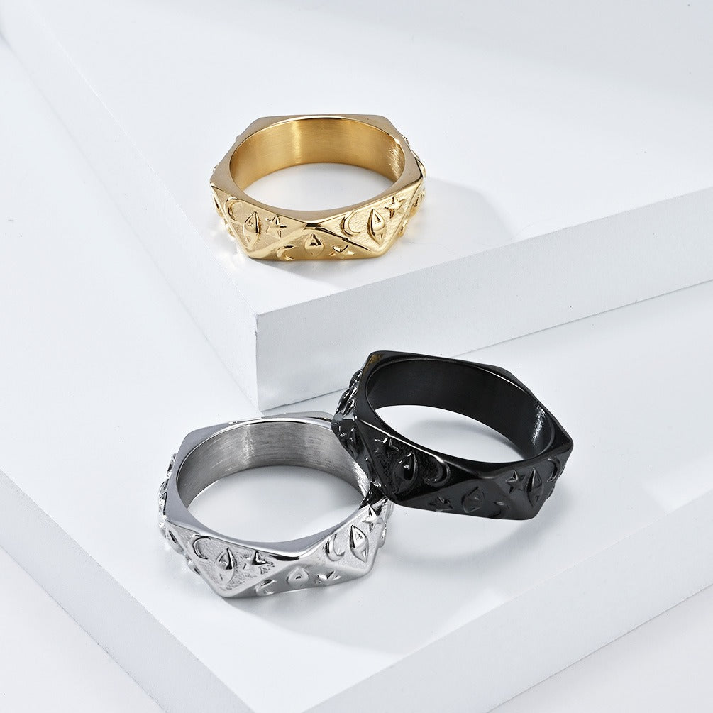 Kemstone Star Moon Eye Ring for Men Stainless Steel Faceted K-R771