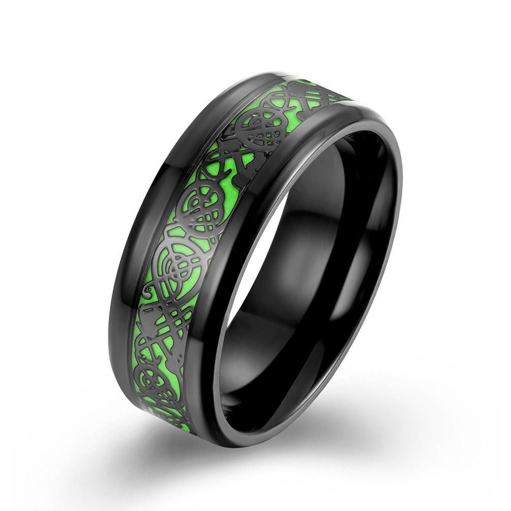 Kemstone Glow Green Ring for Men Stainless Steel Celtic Knot Vintage Style K-R388