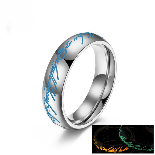 Kemstone Glow in the Dark Elvish Ring – Titanium Steel Script Band Gothic Norse Fantasy | K-R740