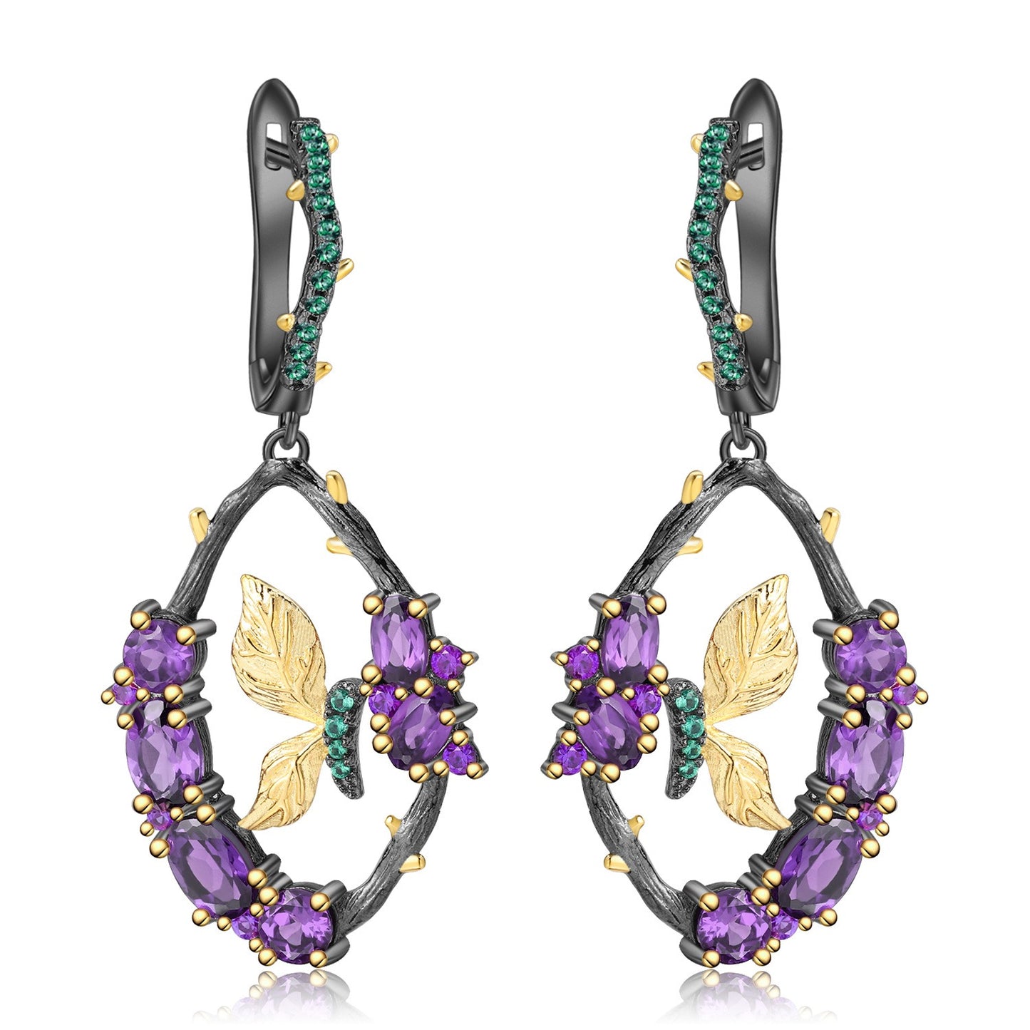 Pendientes colgantes de amatista natural de 0,48 ct con diseño original de Kemstone, hechos a mano, con diseño de mariposa, en plata de ley S925, 5 cm