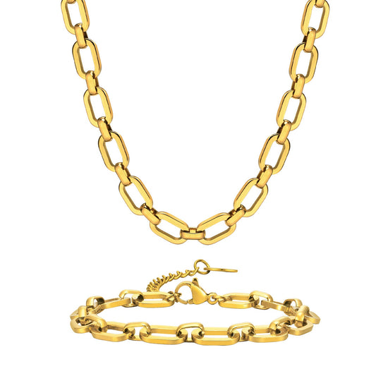 Conjunto de cadena cruzada de acero inoxidable Kemstone: collar y pulsera minimalistas en tono dorado para una elegancia cotidiana BR-1763