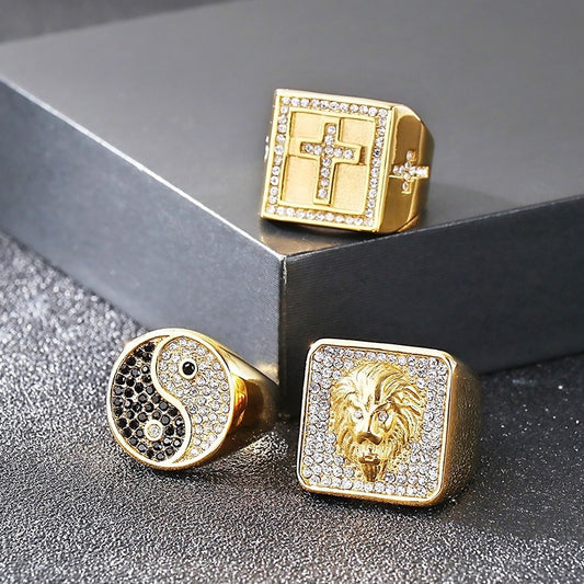 Kemstone Bold Statement Rings – Stainless Steel Lion Head / Cross / Yin Yang Signet KR112697